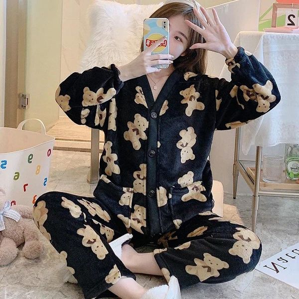 Pijamas femininos outono inverno kawaii desenhos animados bonito urso pijama define mulheres pijamas flanela loung menina pijamas mujer noite ternos homewear