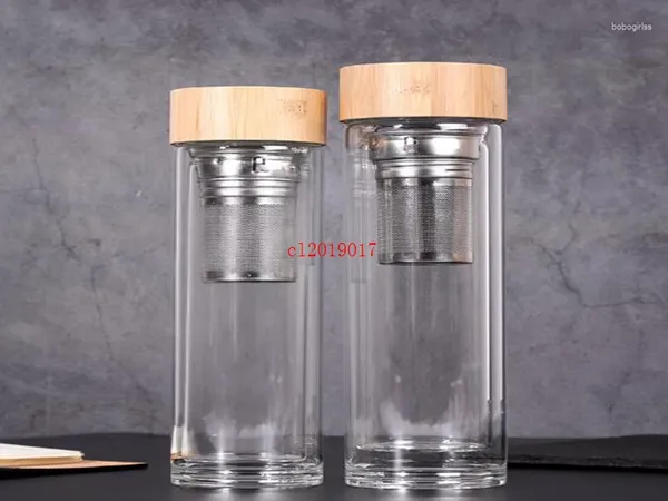 Becher 450 ml Bambusdeckel Wasserbecher Doppelmauerte Glass Teebecher mit Sieb und Infuserkorbflaschen