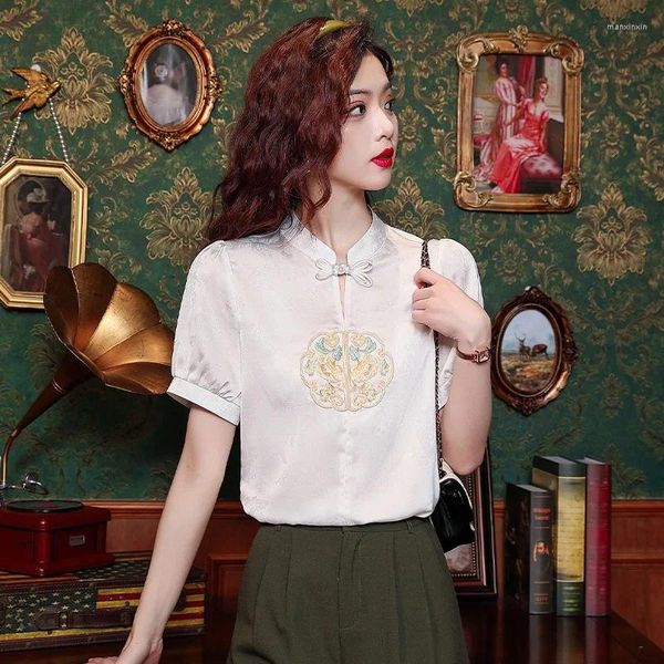 Blusas femininas camisa de chiffon verão bordado vintage solto em estilo chinês mulheres tops com mangas curtas roupas de moda ycmyunyan