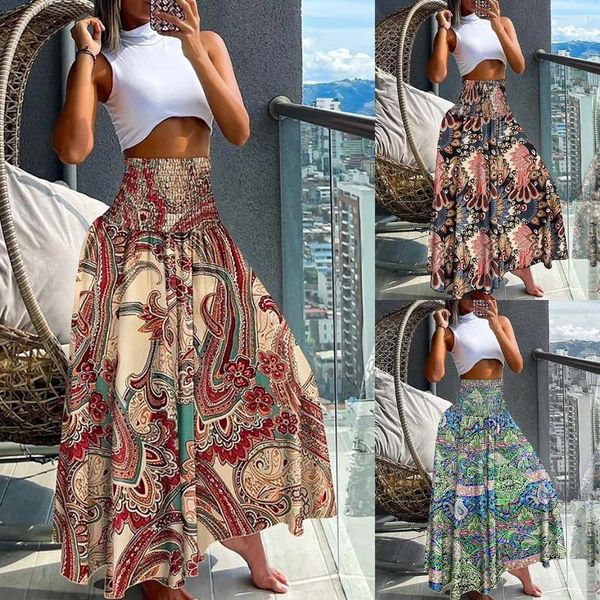 Skirts Boho Stampa per donne 2024 Summer Casual Elastic High Waist A-Line Big Swing Abito Long Vacato Beach Beach Party Skirt