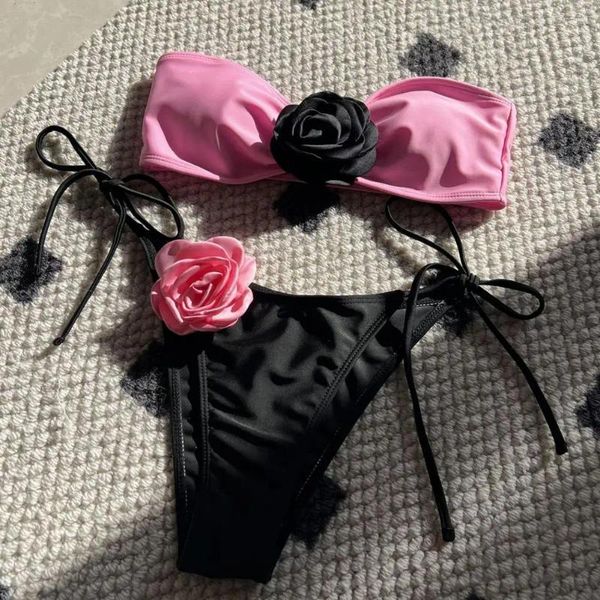 Kadın Mayo 3d Gül Çiçek Bikini Set Kadın Mayo Seksi Bandeau Sütü Dantel Up Kılavuzu Beachwear Brezilya Biquini