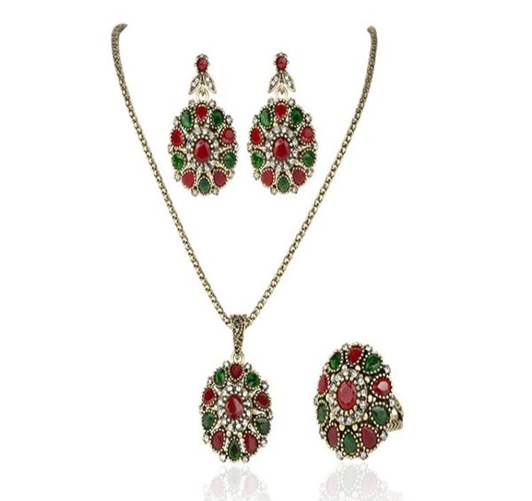 Lindos conjuntos de jóias requintadas de casamentos retro chineses trajes de jóias com rubi breos de anel de colar embutido para rubi9339282