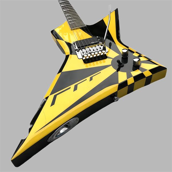 Джек Майкл Сладкий Полет V Stryper Черная желтая полоса Электрогитара Floyd Rose Tremolo Bridge, Whammy Bar, китайский пикап EMG, хромированное оборудование, Triangle Pearl Inlay