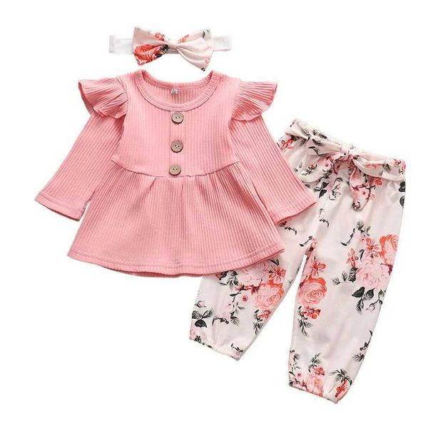 Kleidungsstücke Neugeborenes Baby Kleidungsstück Set süße rosa langsame Top Blumenhose Stirnband 0-24m 3-teiliger Baby-Mädchen Kleidung Setl240513