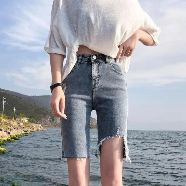 Damenjeans 2024 Frau Weitbein hoher Taille Solid Knie-Lenght Jeans Shorts lässige weibliche dünne fit Vintage Ladies Straight Z32