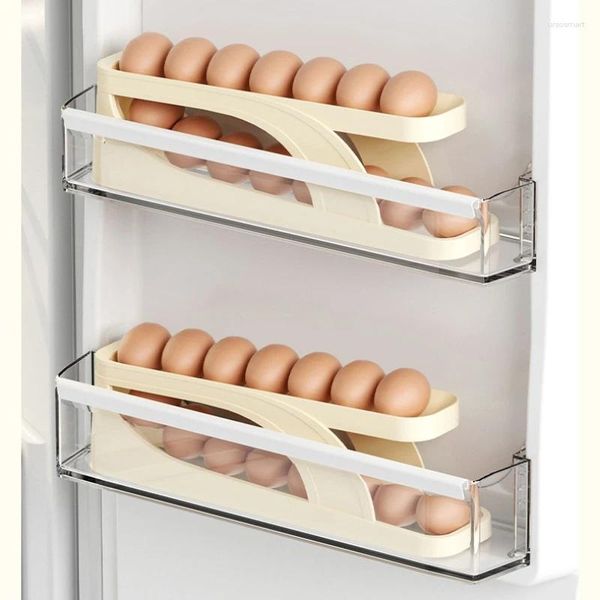 Speicherflaschen Automatische Scrolling Egg Rack Holder Box Behälter Regal Organizer Rolldown Kühlschrank Küche Raumsparung