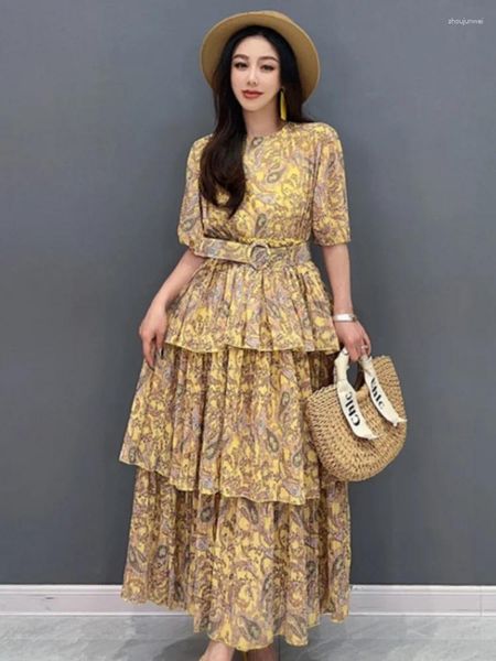 Partykleider Qing Mo Yellow 2024 Sommer Chiffon Print Frauen Kleider O-Neck halb Ärmel Kuchen Langer Rock Mode Elegante Lady Zxy091