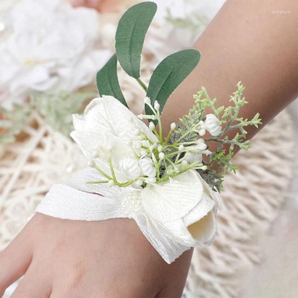 Fiori decorativi kx4b matrimoni all'aperto artificiale polso da polso da polso da polso da girovagno boutonniere con foglie di vegetazione da ballo da ballo da ballo