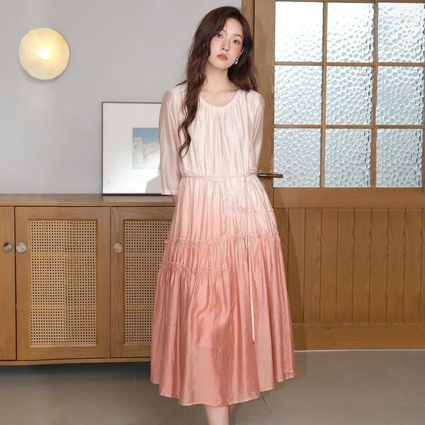 Partykleider rosa Gradientenfarbe 2024 Frühling Sommer Mode Loose Koreanische Frauen O-hals lange elegante Kleidung