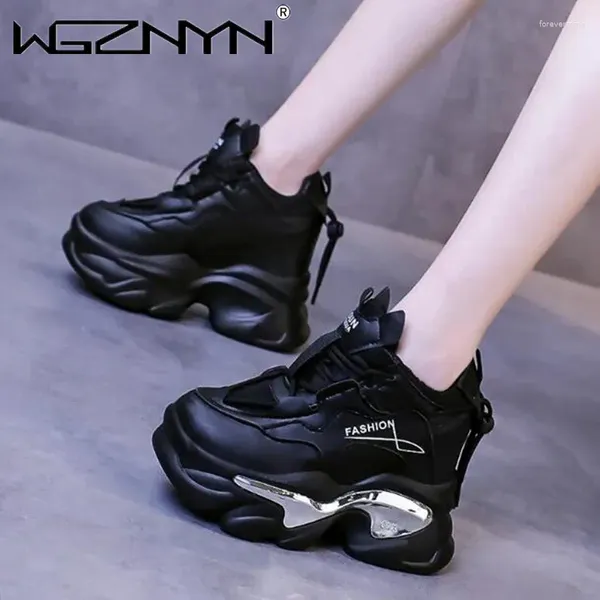 Lässige Schuhe Frühling Frauen Mesh klobige Turnschuhe Schnüre-up weiß 11 cm hoher Plattform Ulzzang Leder Herbst Atmungsfreie Sport Papa Schuh