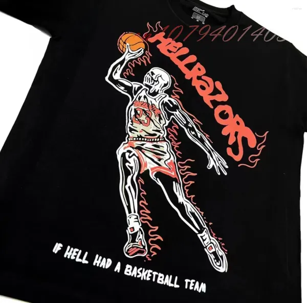 Camisas casuais masculinas se o inferno tivesse um time de basquete da morte de uma camiseta imprimida de caveira de basquete vintage moda de hip-hop black tops roupas