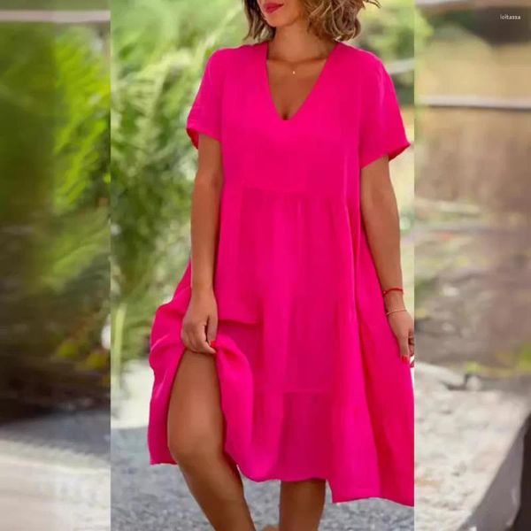 Vestidos casuais Mulheres V pescoço de manga curta cor sólida vestido de joelho solto verão feminino feminino férias férias vestidos fyy-222