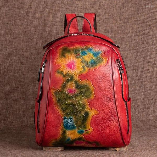 Bolsas escolares mochilas de couro genuíno vintage feminino original de primeira camada de pebochee via viagem artesanal 3d floral de ombro de vaca real