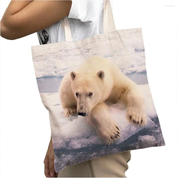 Alışveriş çantaları moda cesur kutup ayı büyük kapasite sıradan kadın hayvan desen çanta çanta yeniden kullanılabilir tuval alışveriş çantası