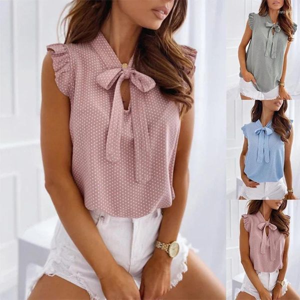 Blouses femininas verão mulheres elegantes babados sem mangas polka macote de laço de amarração e camisas casuais tops de pulôver sexy túnica