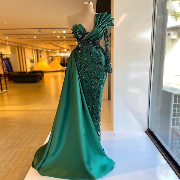 Emerald Green Mermaid Prom Kleider ein Schulter -Pailletten Abendkleid Mitte Rüschen Glitzer Promi -Partykleid 268r