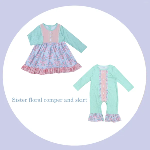 Корта для одежды Ropa Baby Set Set Cround Sheam Floral Pattern Girl Green Top Одежда и розовое платье с подожением с плиссированной сестрой кнопкой