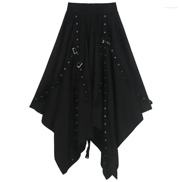 Юбки японские готические нерегулярные плиссированные плиссированные юбки брюки женщины черный харадзюку панк грузоподъемность летняя винтажная одежда длинная сая