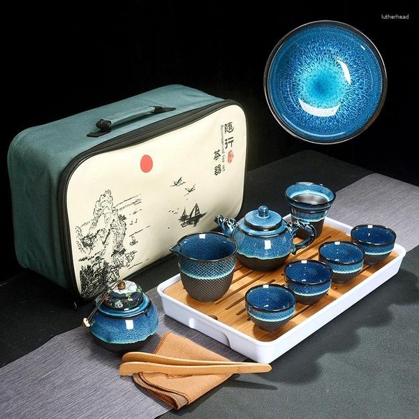 Conjuntos de chá para chá chinês Conjunto de chá azul Ambar Glaze Cerâmica Jingdezhen Temmoku Cup de Copo Portátil Gaiwan Portátil