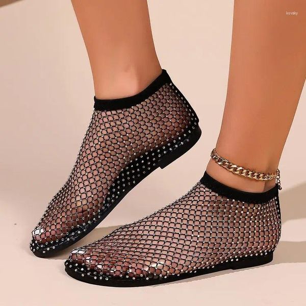 Sandálias mulher mulher brilhante malha salto baixo apartamentos de verão sapatos de cristal de luxo