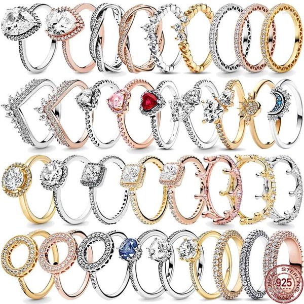 Rings de cluster Crown Crown Round Hearts Ring 925 Sterling Silver Light Luxury Brilliant Couple Ladies and Men's Charm Jewelry Gift
