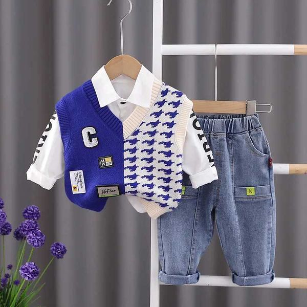 Наборы одежды для детских мальчиков набор одежды для корейского вязаного жилета-свитера белая рубашка джинсы с 3 частями детская одежда детская детская пробежка пробегает Setl2405