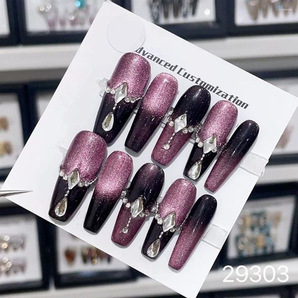 Favor de festa 10 PCs Purple Francês Frency Mades Nails Y2K Pressione na unha Luxury Diamond Glitter Glitter Gradiente vestível dicas de capa artificial