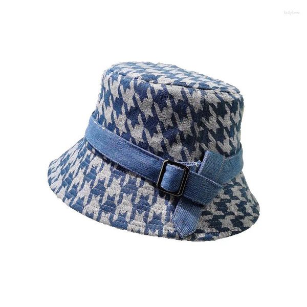 Berets Luxus Hound tooth Damen -Denim -Eimer -Hut Sommer Spring Fisherman Hats Jeans Panama Cap Korean Fashion Casual Beach Sun Caps