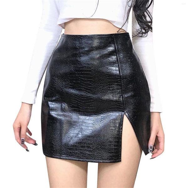 Röcke schwarzes Kunstleder für Frauen Damen High Taille Side Saken schlitzs dünner Rock Sexy Bodycon Package Hip Mini Faldas