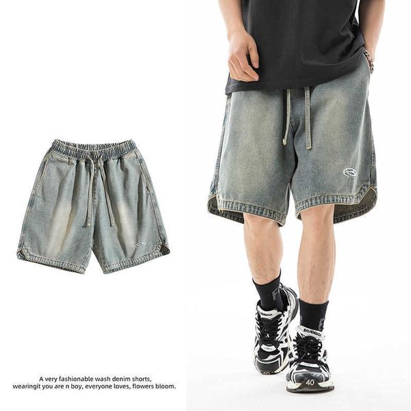 Han Lu Herren Hem Dreieck Split Design Denim Shorts für Sommer neue modische gestickte Loose Viertelhosen