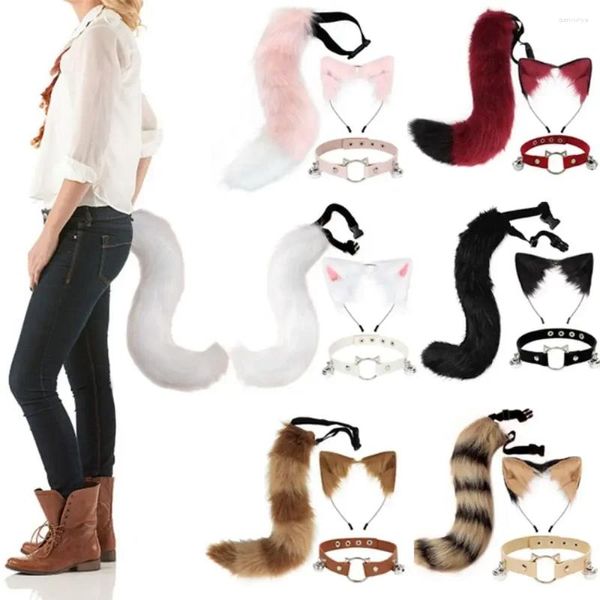 Partyversorgungen flauschige tierische Ohren Stirnband Pelzige Haare Halskette Heckset Leder Halshändler für Halloween Masquerade TOCY Kleid