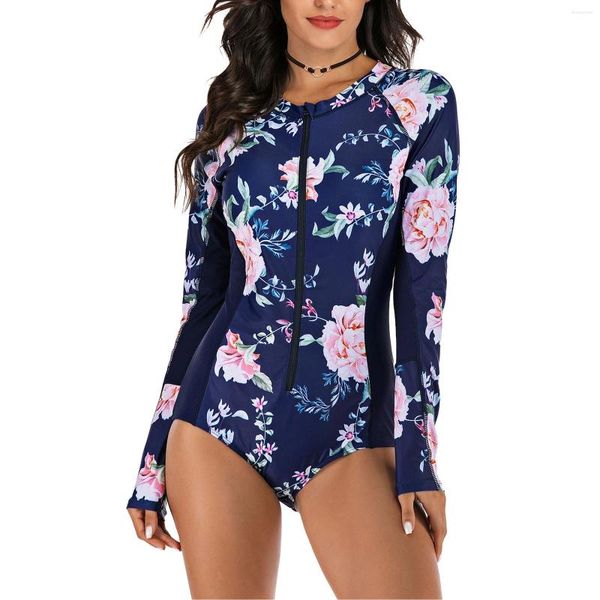 Frauen Badebekleidung Damen Frauen Blumen Langarm Badeanzug Plus Größe Surfing Strandbekleidung Tauchen Anzug Bade Badeanzug Push Up gepolstert gepolstert