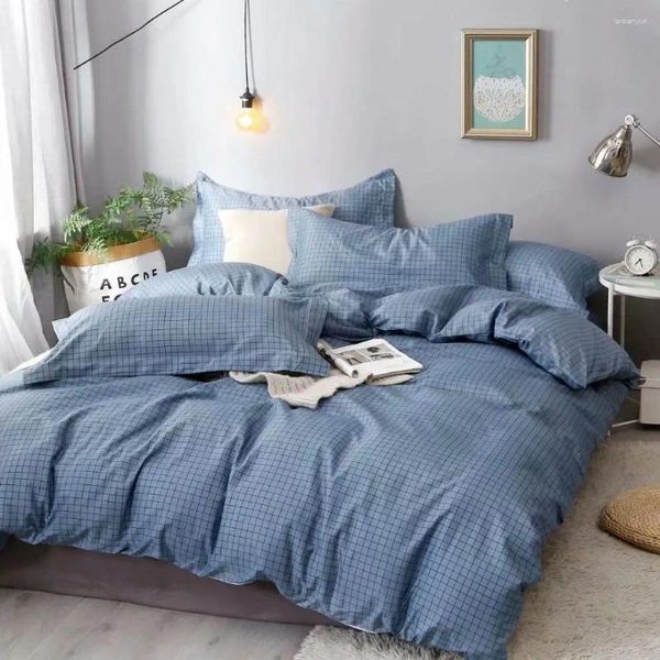 Bedding Sets Blue Geométrico Grid Conjunto Breve estilo 4pcs colcha de cama linho linho têxteis de impressão de roupas de cama de linho lhm16