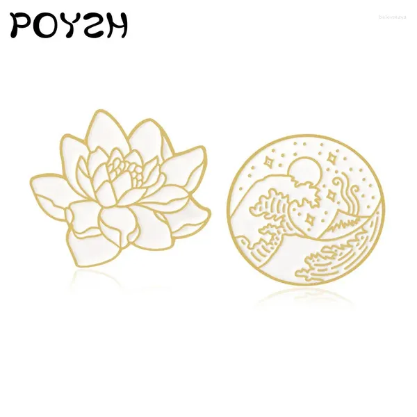 Broschen abstrakte Linie Muster Brosche Lotus Blume kreisförmige Emaille Pin Fujiyama Sea Wave Stars Moon Abzeichen Japanische Kultur Spille
