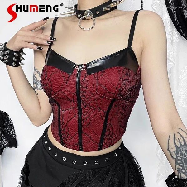 Tanques femininos japoneses Slim Fit Camisoles Festival Music Festival Wear Gothic Red Black Leather Sling Estilo de performance Roupos Girl Top Women Women