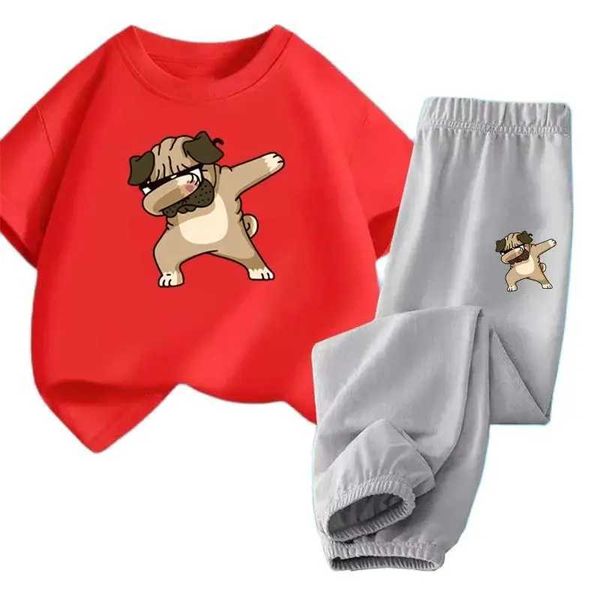 Roupas Conjuntos de roupas para meninos de verão Conjunto de roupas Dabbing Dog Coreano Conjunto de camiseta de manga curta+calça 2pcs Conjunto de moda Childrens Clothing Setl2405L2405