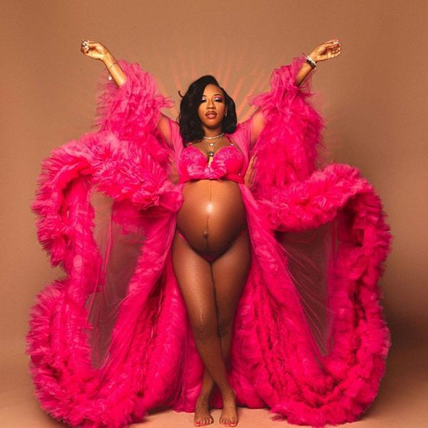 Abite di abito di maternità rosa caldo africano per fotografie o tulle armeggiate per baby shower tulle chic da donna abiti da ballo per maniche lunghe 1647