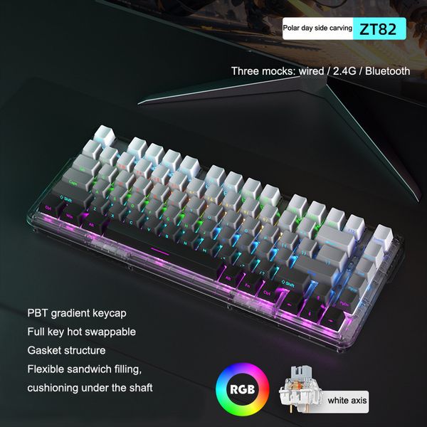 ZT82 80% TLK Kit de teclado personalizado Hotswap Wireless Junta USB RGB Backlit Gaming Keyboard mecânico PC Teclado do laptop Eixo de prata 2.4g/Wired/Bluetooth