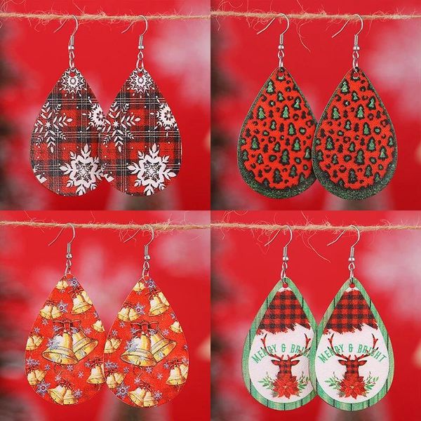 Dangle Ohrringe rot und grüner Weihnachtsbaum doppelseitig Wasser Drop PU Leder Plaid Elch Elch Glocken Schneemann