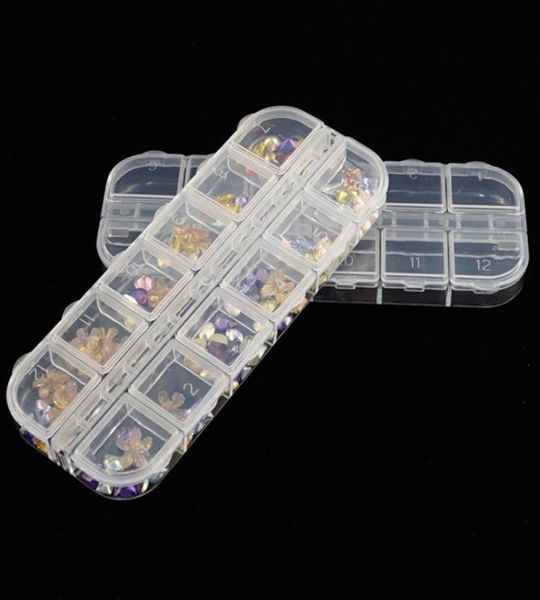 Caixa de armazenamento da arte da unha 12 grades compartimento plástico lantejoulas organizador jóias mini diamante caixas vazias new2526299
