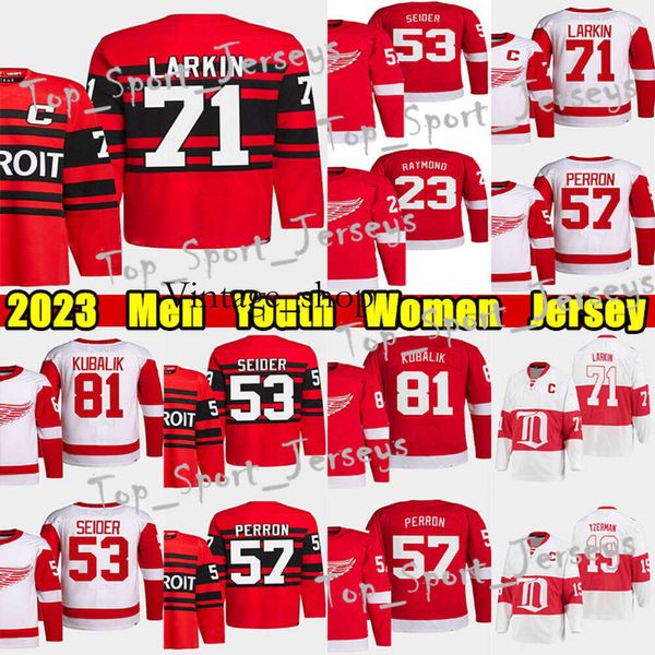 Vin #71 Dylan Larkin Jersey retro retro de hóquei #53 Moritz Seider 57 David Perron Lucas Raymond Dominik Kubalik Tyler Bertuzzi Gordie Howe