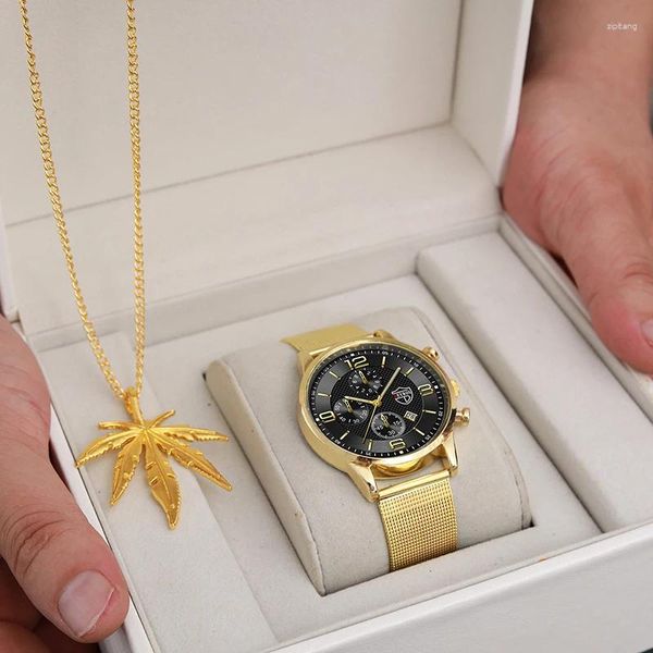 Armbanduhren 2pcs Fashion Herren Gold Edelstahl Uhren Luxus Quarz Armband Watch Men Business Casual Calendar Halskette Sets