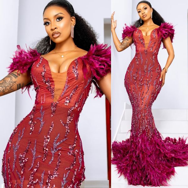 ASO EBI 2024 Burgundy Mermaid Prom Adtres Feather Seatined Lace Evening Party Formal Second Reception Birthday Eenagement Gowns LF015