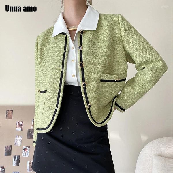 Frauenjacken Einfacher O-Neck Elegante Kumpeljacke Frauen Frühling Herbst 2024 Trendkontrast Gurting Design Wolle Mischung Tweedmäntel