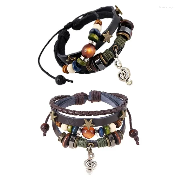 Charme Armbänder Lederseilgeflecht Multi -Layer -Schild Holzperlen Armband 4xBF