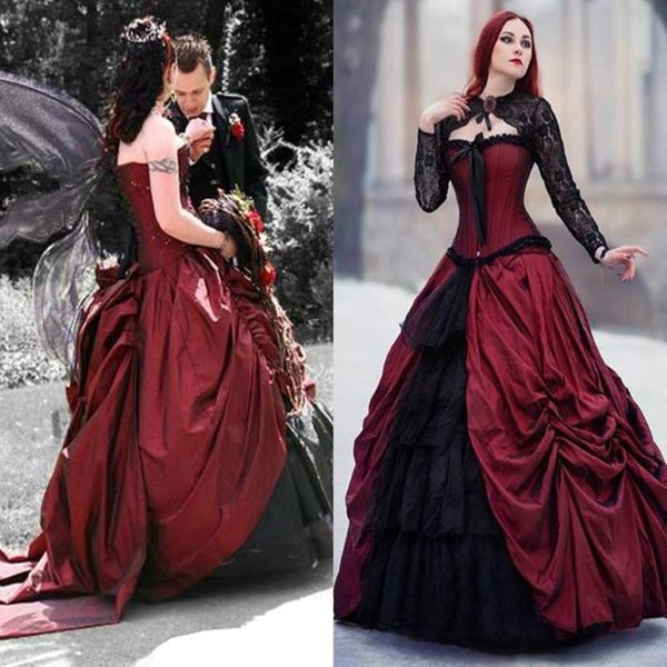 Vintage mittelalterliche viktorianische rote und schwarze gotische Abschlussballkleider mit Langarmjacke Rücken Korset Hollywood Masquerade Kleid Brautkleid 251q