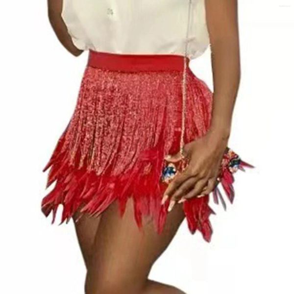 Saias de saia de penas sexy femininas Fringe Minissairt Elastic High Waist Mini para desempenho de dança Rave Party Latin