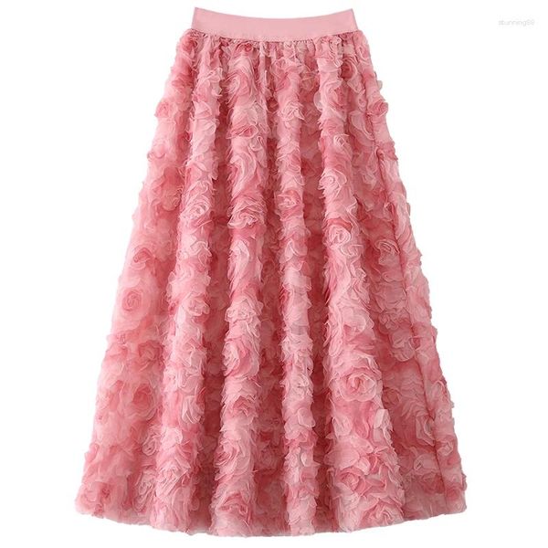 Saias rosa Tridimensional Vestido de véu de rosa 2024 Primavera e verão Romântico estilo francês Salia de cintura impressionante