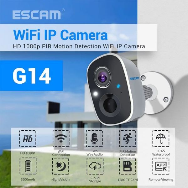 Escam G14 1080p H.265 WiFi IP -Kamera Voll HD AI Erkennung wieder aufladbarer Batterie PIR Alarm Cloud Storage Electronic