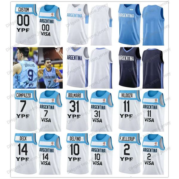 Stampato 2023 Maglie Argentina di Coppa del Mondo Argentina 7 Facundo Campazzo 5 Manu Ginobili 4 Luis Scola 29 Patricio Garino 14 Gabriel Deck 8 Nicolas Laprovittola camicie